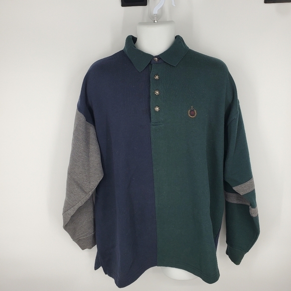 Vintage Bugle Boy Sweatshirt Men XL Green Blue Henley Cut & Sew Hip Hop 90s - Picture 1 of 9